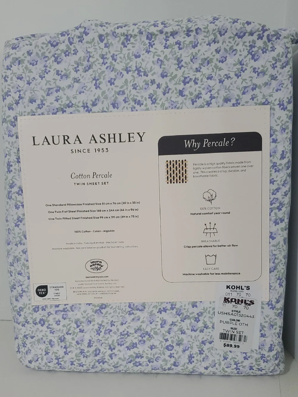 Laura Ashley Twin 100% Cotton Percale Purple Ditsy Floral Sheet Set NIP